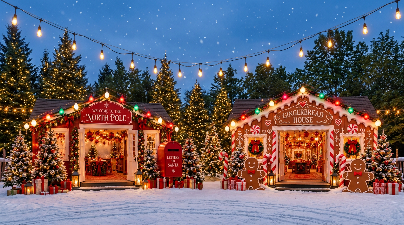 The North Pole Post Office and Gingerbread House cabins glowing under string lights in a snowy winter evening